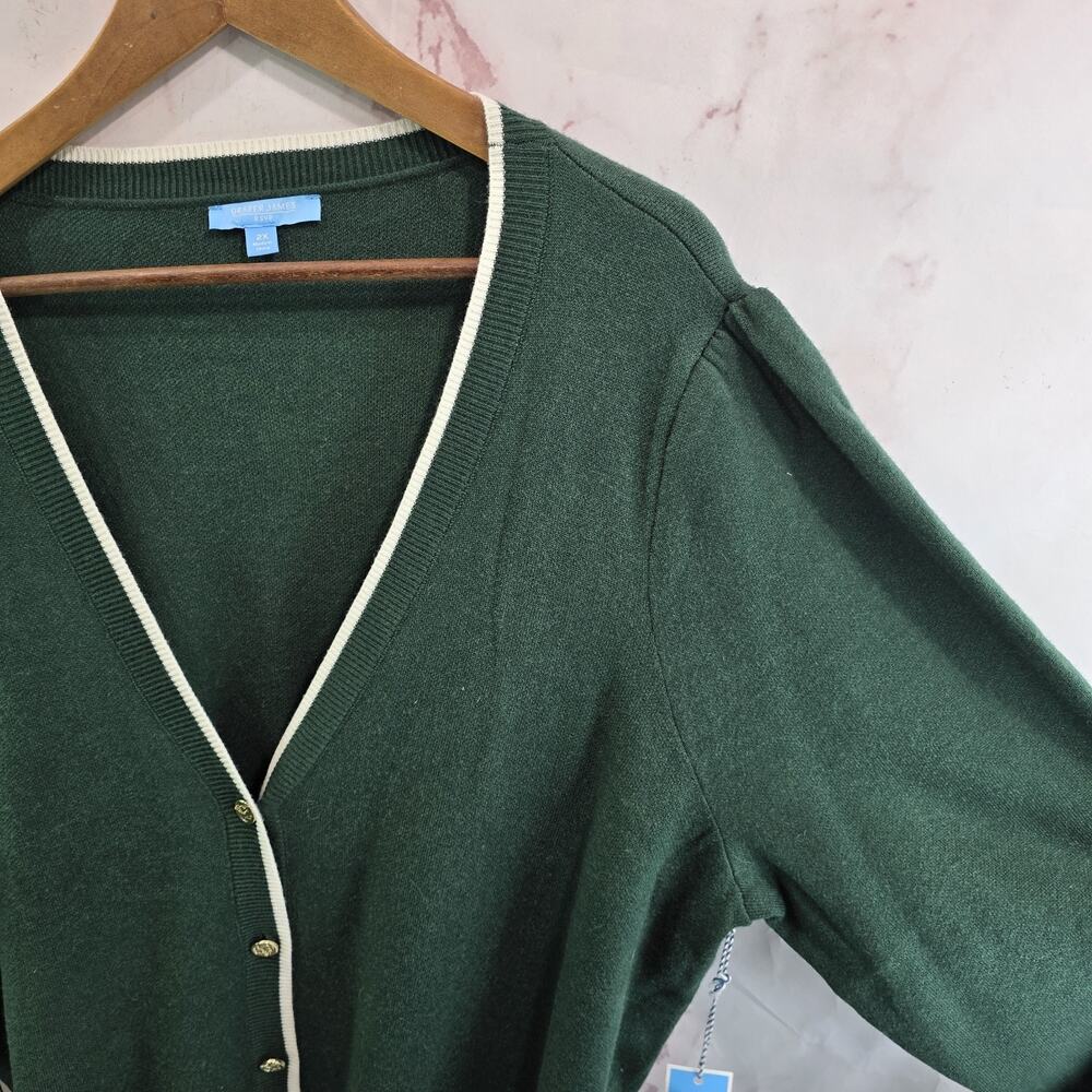 Draper James Sweater Womens 2X Dark Green Cardigan Tie Bow White Trim - Picture 13 of 14